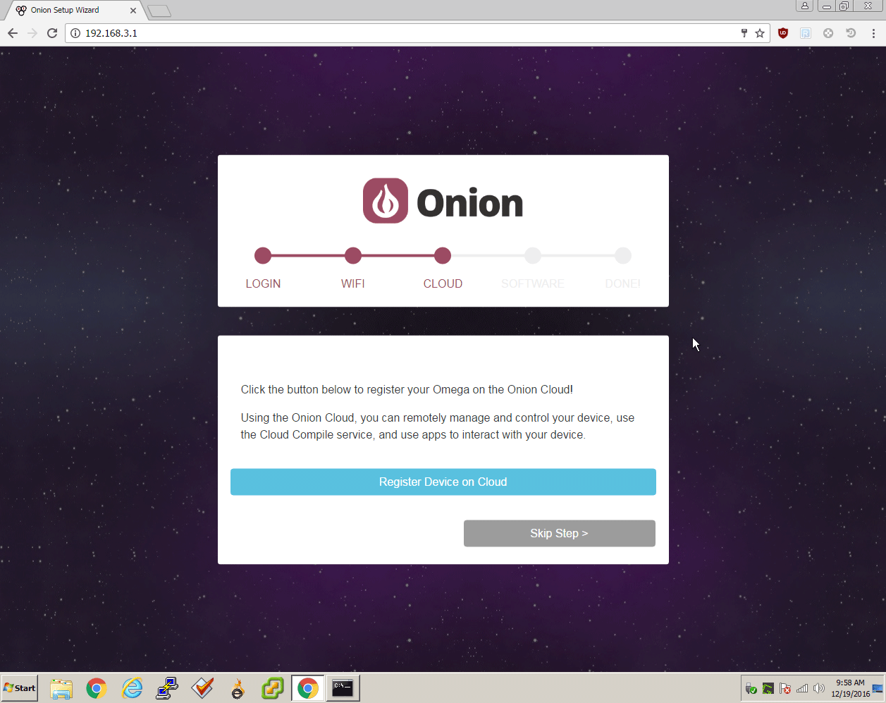 Omega2 Setup Wizard: Register with Onion Cloud